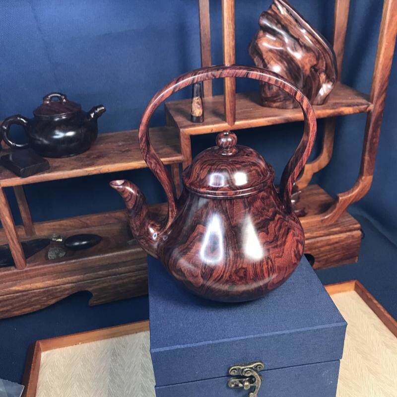 海南黄花梨老料紫油梨实木提梁壶摆件老料虎皮纹精品文玩收藏