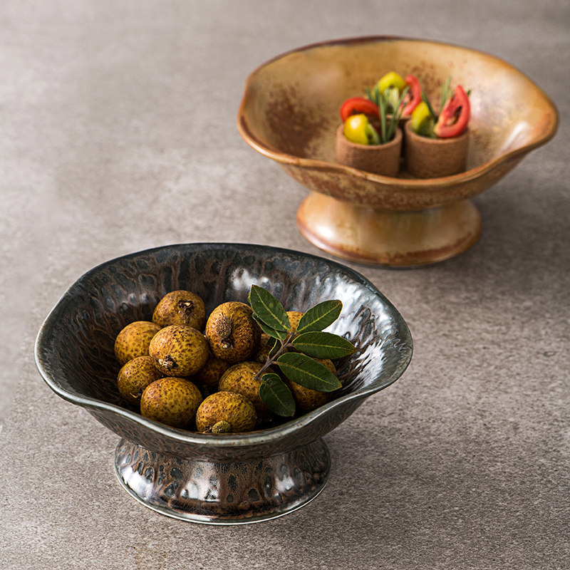 创意日式茶点盘高脚水果盘陶瓷高脚托盘禅意小碟子个性干果点心碟