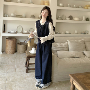 蓝色早春流行氛围感穿搭牛仔马甲套装女2026春季新款阔腿裤两件套