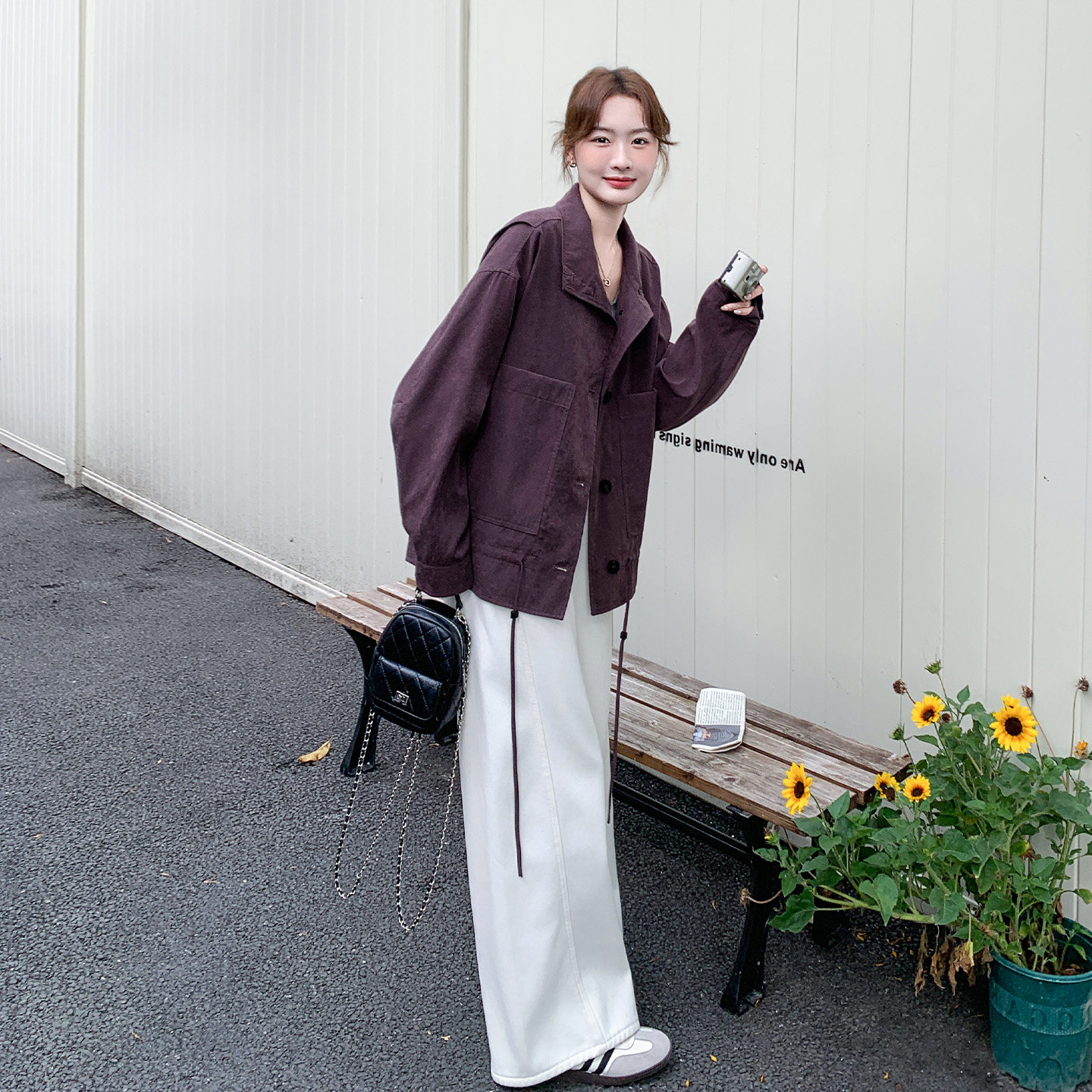 紫色工装风翻领短外套女宽松