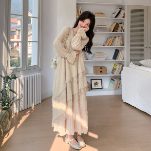 法式米色温柔慵懒气质风连衣裙中长款2026春天新款网纱拼接长裙
