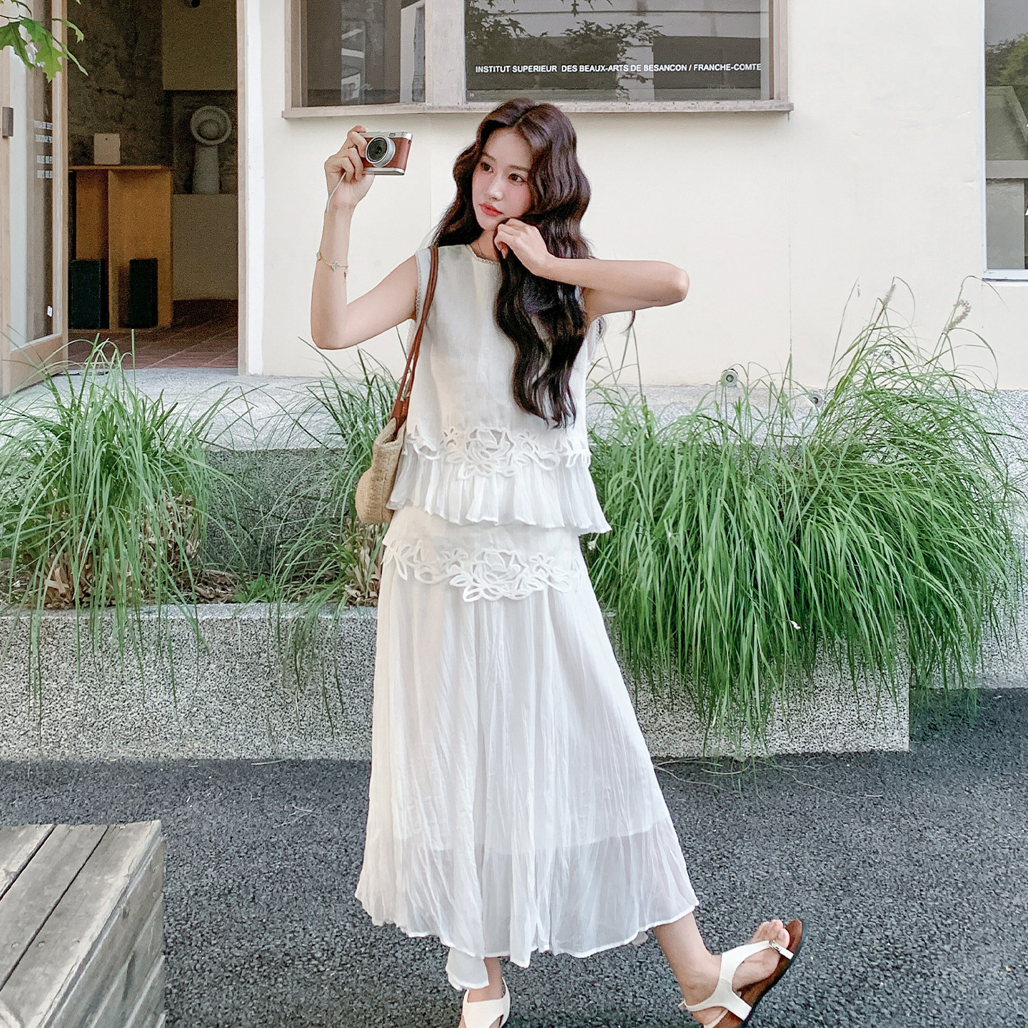 夏季无袖蕾丝上衣半身裙两件套