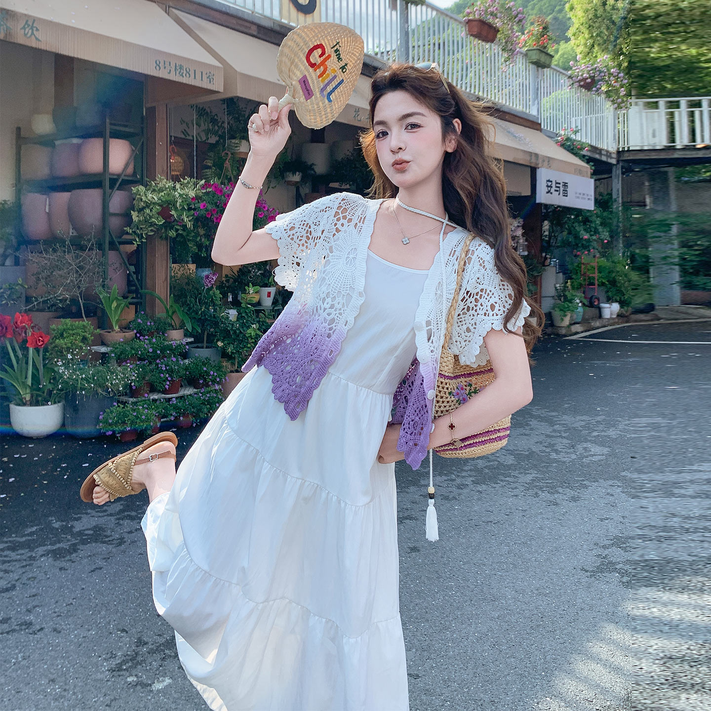 小众绝美气质夏日套装女2026新款法式渐变色针织罩衫吊带裙两件套