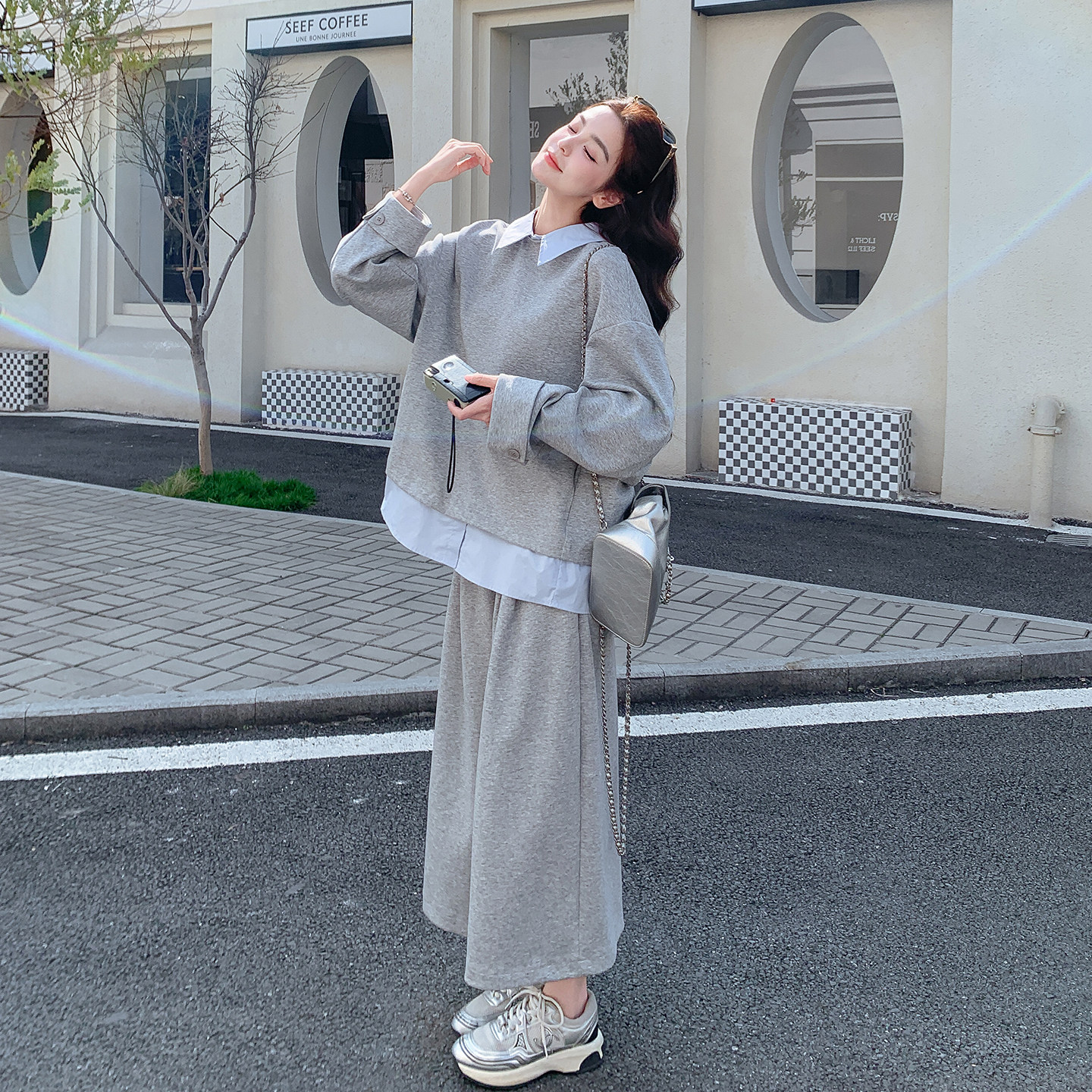 早春梨形身材穿搭一整套2026新款假两件撞色上衣高腰阔腿裤两件套