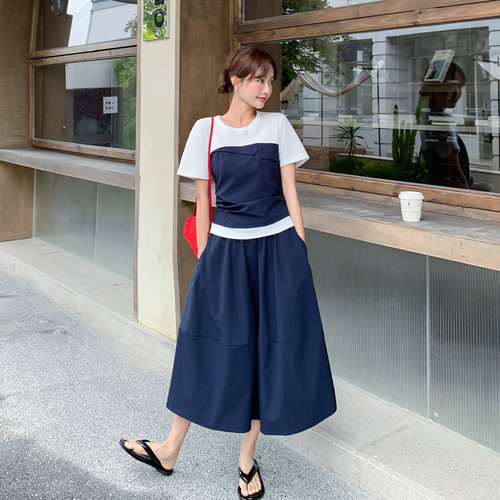 韩系撞色设计感套装女夏短袖