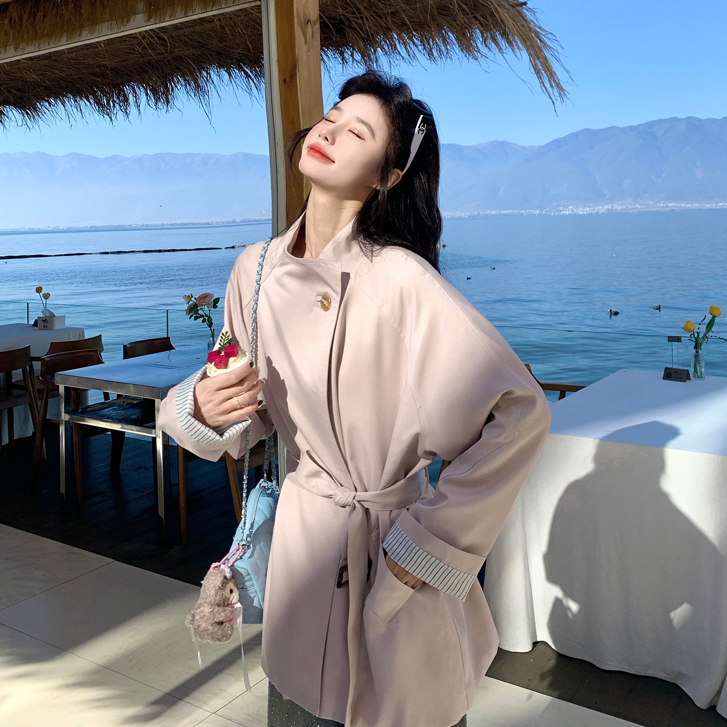 春季休闲立领系带收腰短外套女