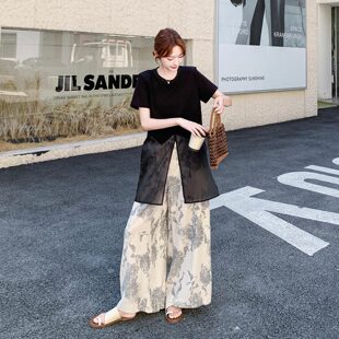 C325网纱拼接T恤印花阔腿裤 268 两件套248