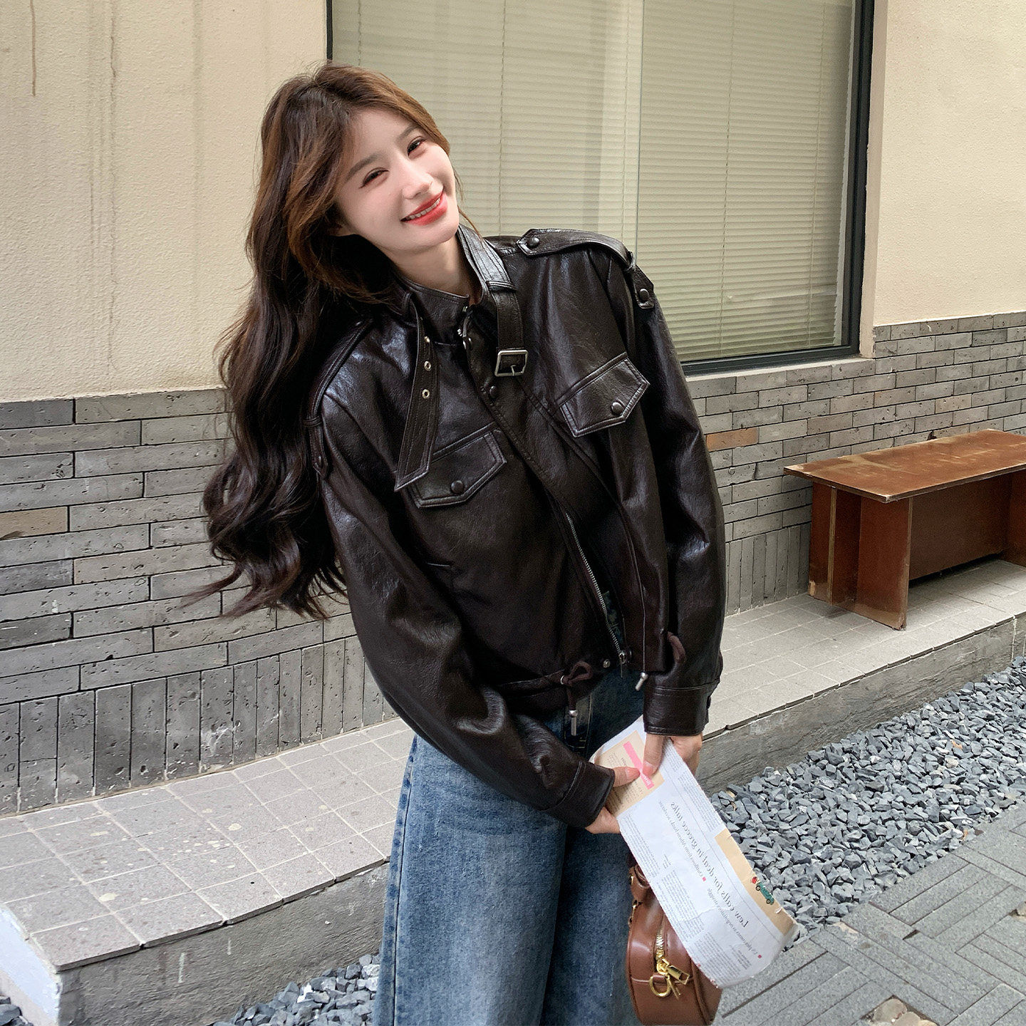 美式复古立领皮衣女短款机车夹克