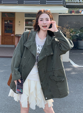 军绿色韩版复古工装牛仔风衣女2026夏新款设计感时髦炸街抽绳外套