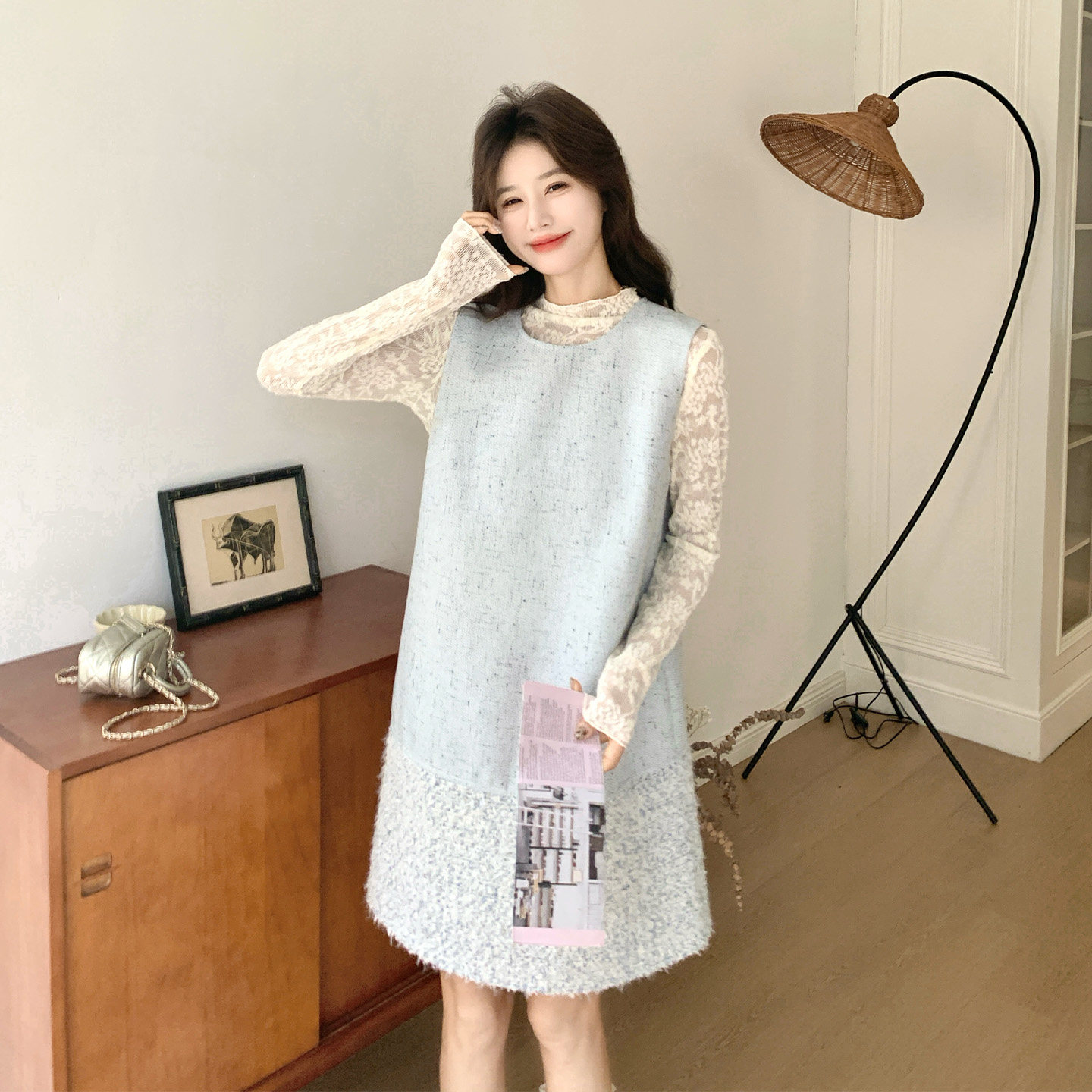 独特漂亮法式千金风背心连衣裙套装女2026早春新款蕾丝内搭两件套