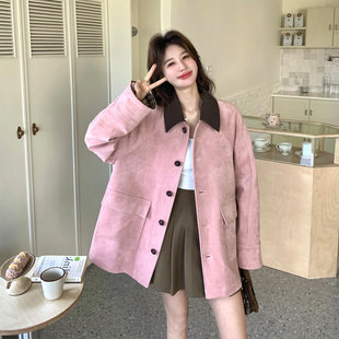 A37/258/278  韩式复古温柔风粉色撞色翻领中长款短外套