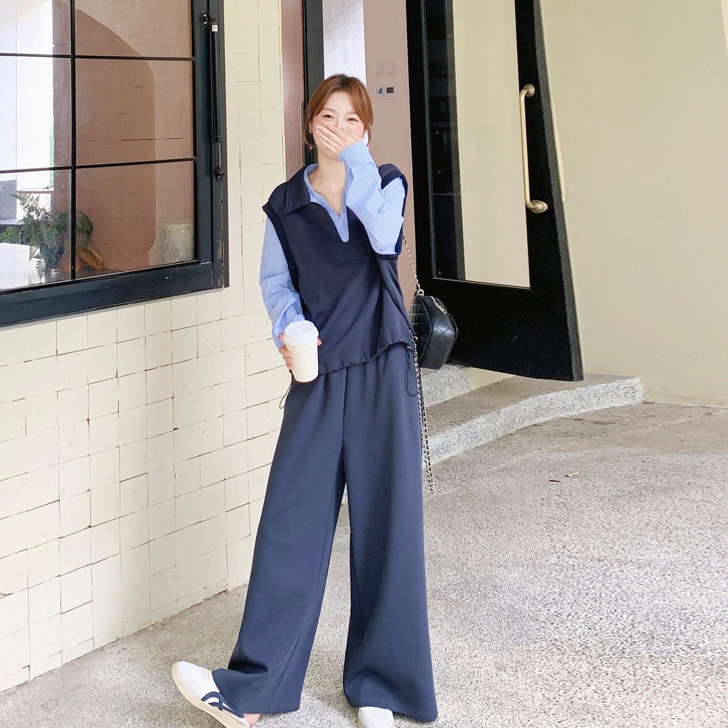 秋季韩系假两件显瘦女阔腿套装