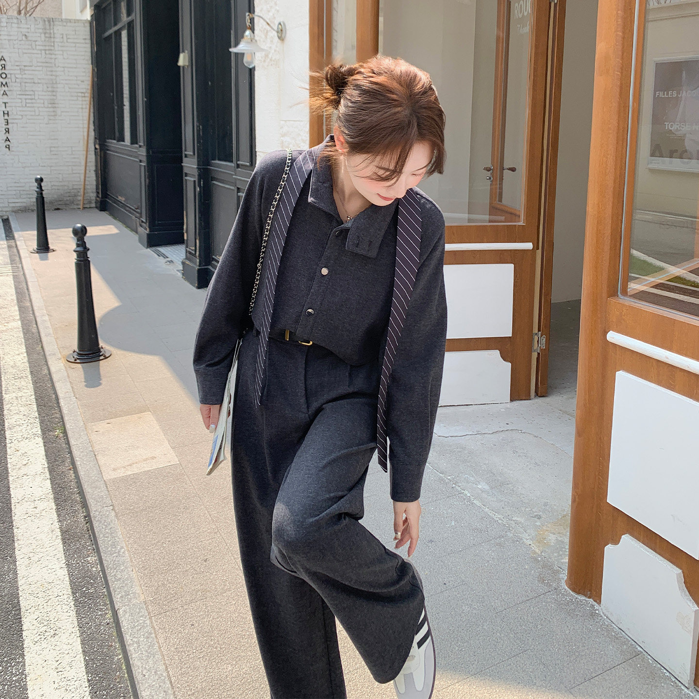 韩系慵懒轻熟风套装女2026早春新款时尚气质衬衫高腰阔腿裤两件套