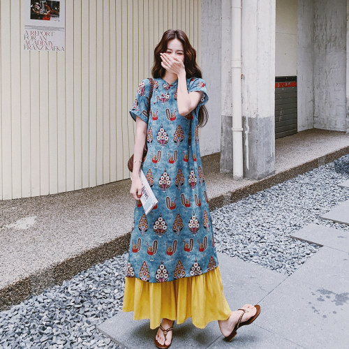 独特别致新中式印花改良旗袍连衣裙套装女2026初夏新款裙裤两件套