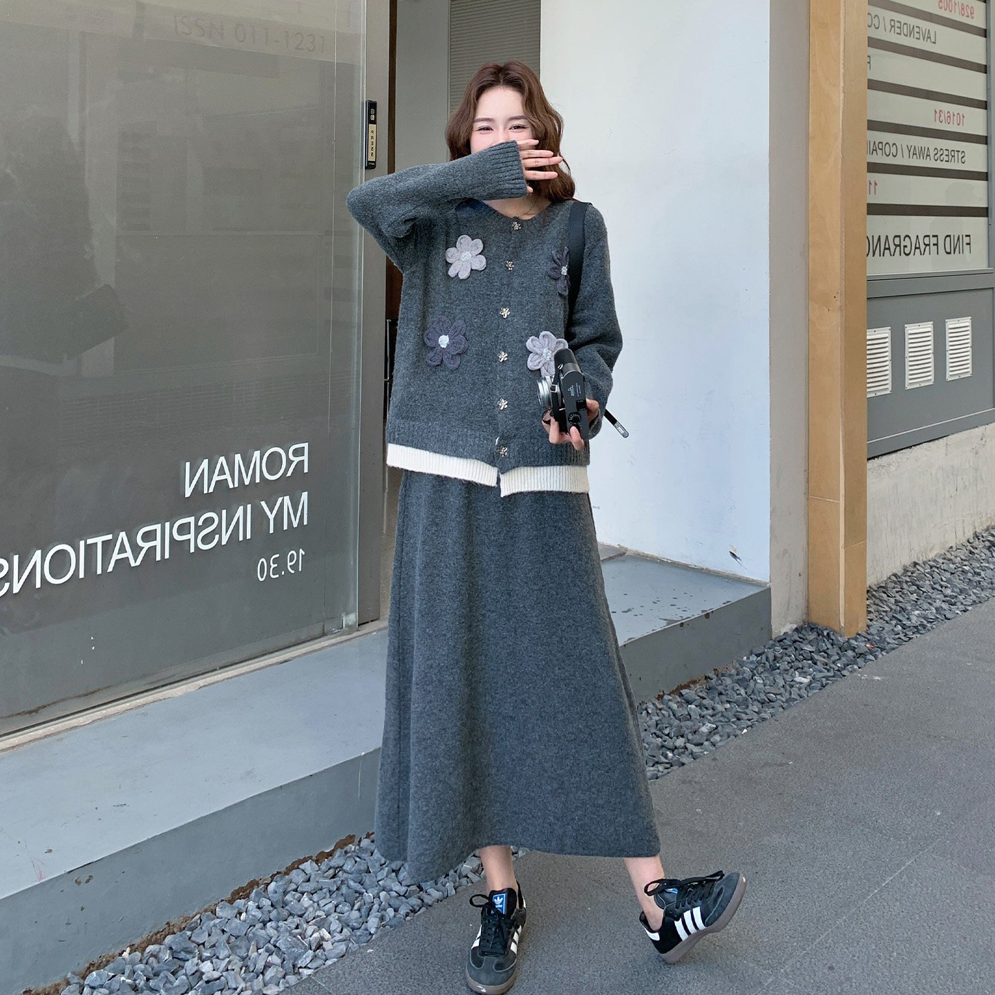 甜美风立体花朵针织套装女秋季