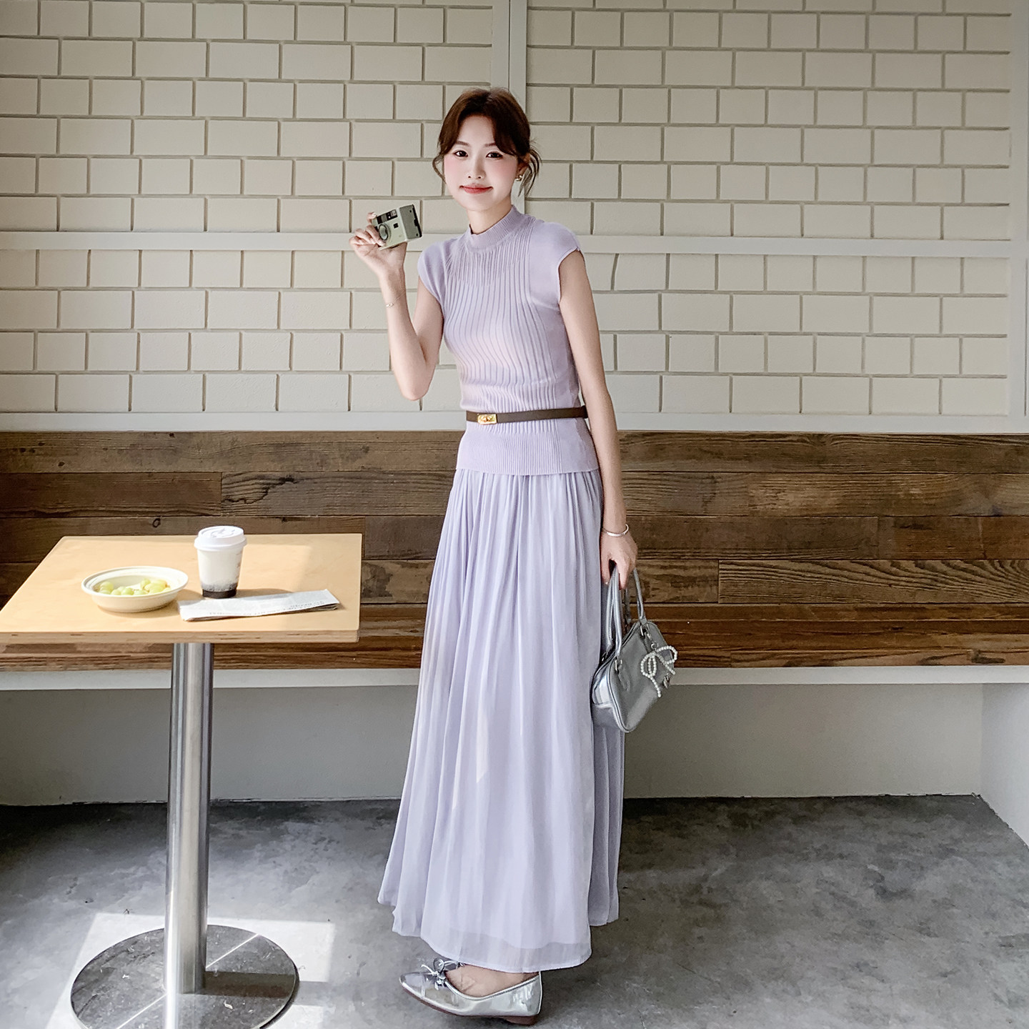 紫色法式修身显瘦气质套装女2026新款针织上衣肌理感半身裙两件套