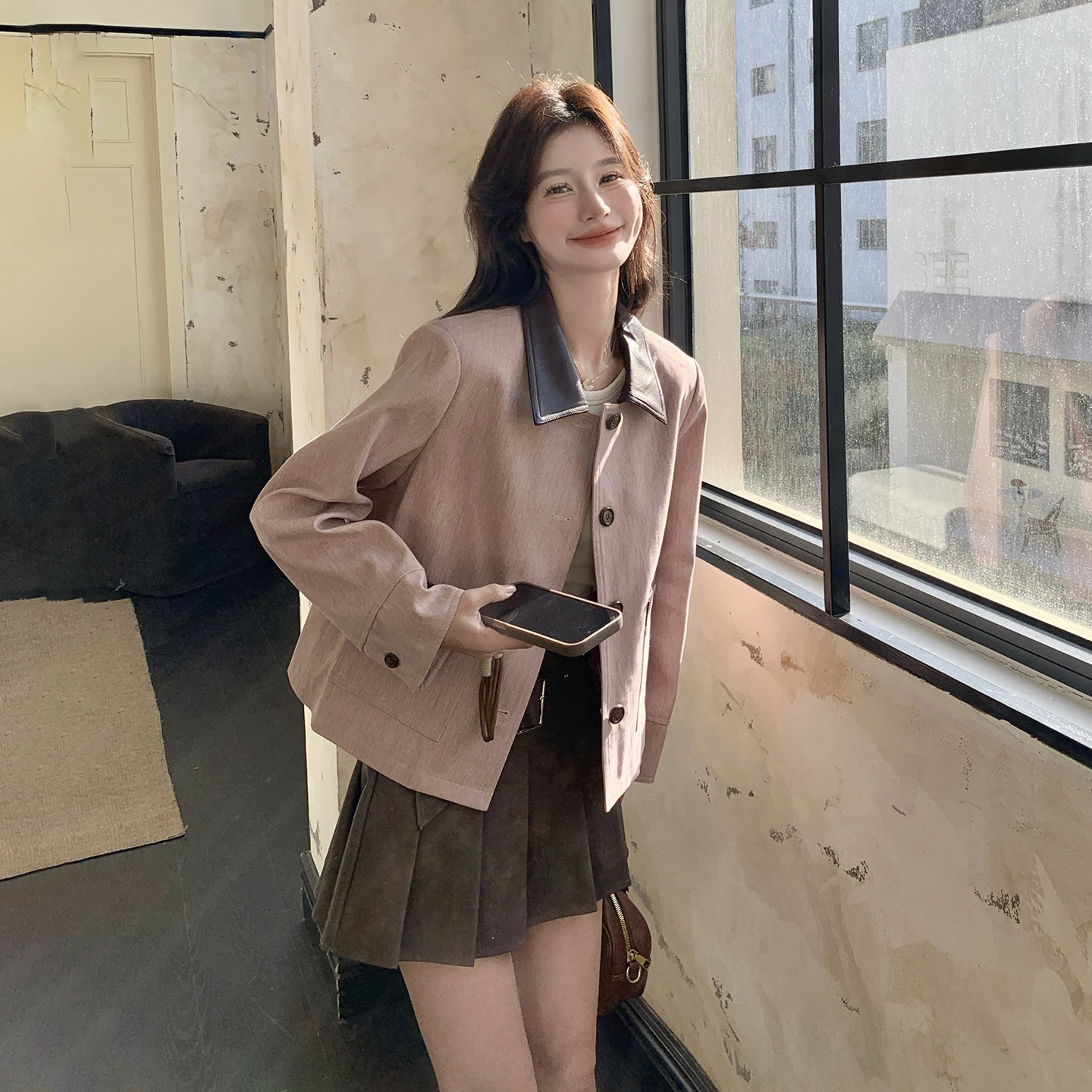 粉色甜美少女感休闲外套2026春天新款小个子韩版时尚减龄撞色上衣