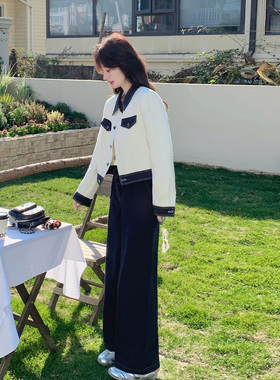 春韩系chic松弛感套装女小香风撞色翻领上衣阔腿裤两件套2026新款