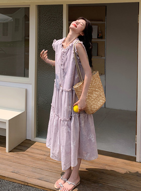 浅紫色甜美气质绣花无袖连衣裙女2026夏季新款木耳边拼接系带长裙