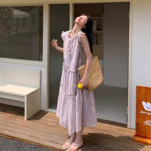 木耳边拼接系带长裙 新款 浅紫色甜美气质绣花无袖 连衣裙女2026夏季