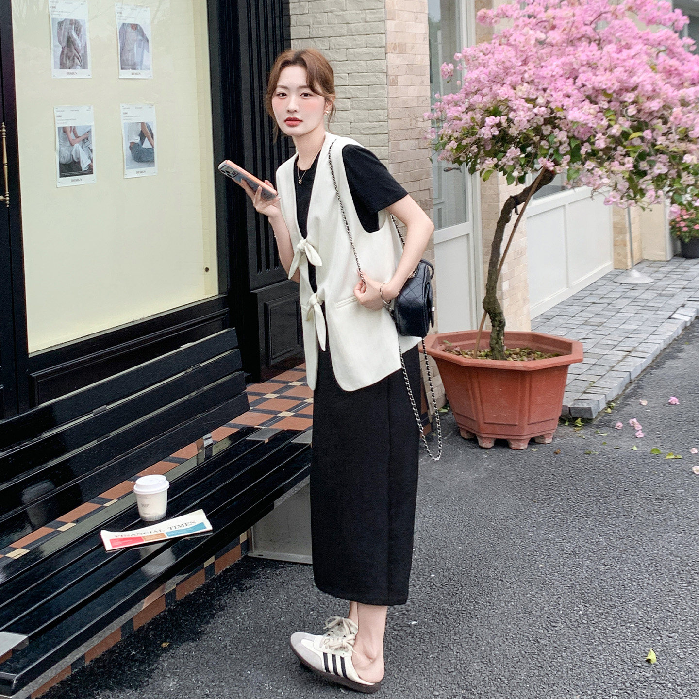 韩系老钱风马甲T恤半裙三件套