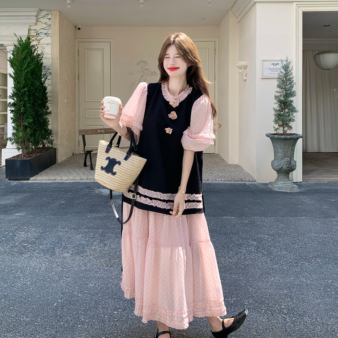 夏季甜美波点泡泡袖A字连衣裙