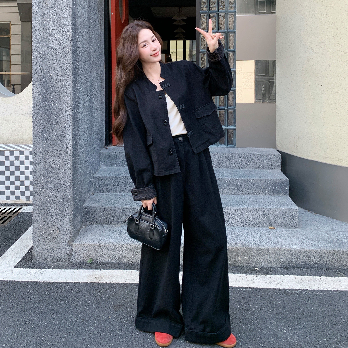 黑色外套阔腿裤套装女秋季新款