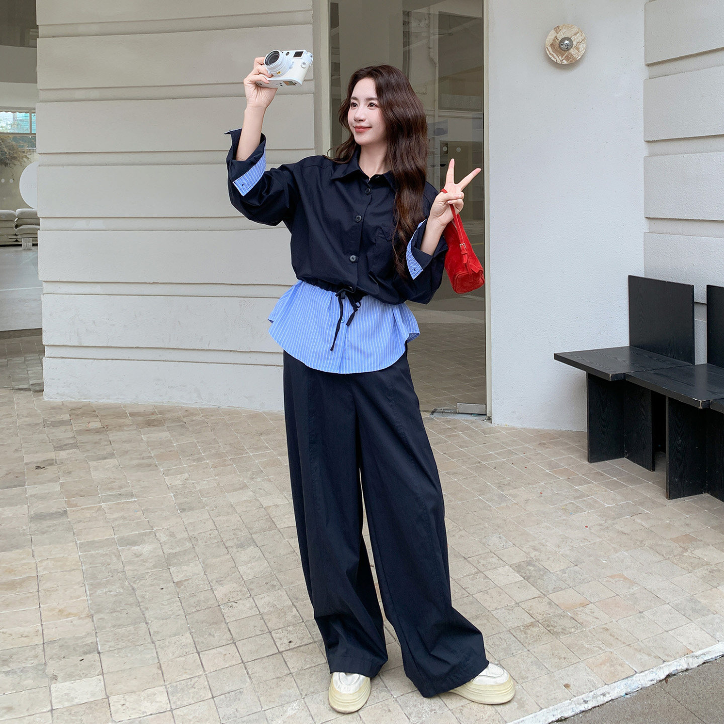 藏青撞色条纹假两件阔腿套装女