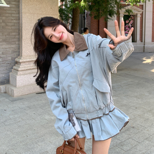 蓝色韩系休闲套装女2026春季撞色翻领时尚外套显瘦压褶短裙两件套