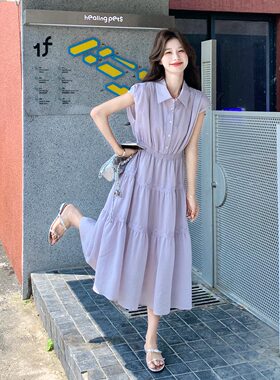 浅紫色法式气质衬衫连衣裙女2026初夏新款甜美减龄打揽收腰衬衫裙