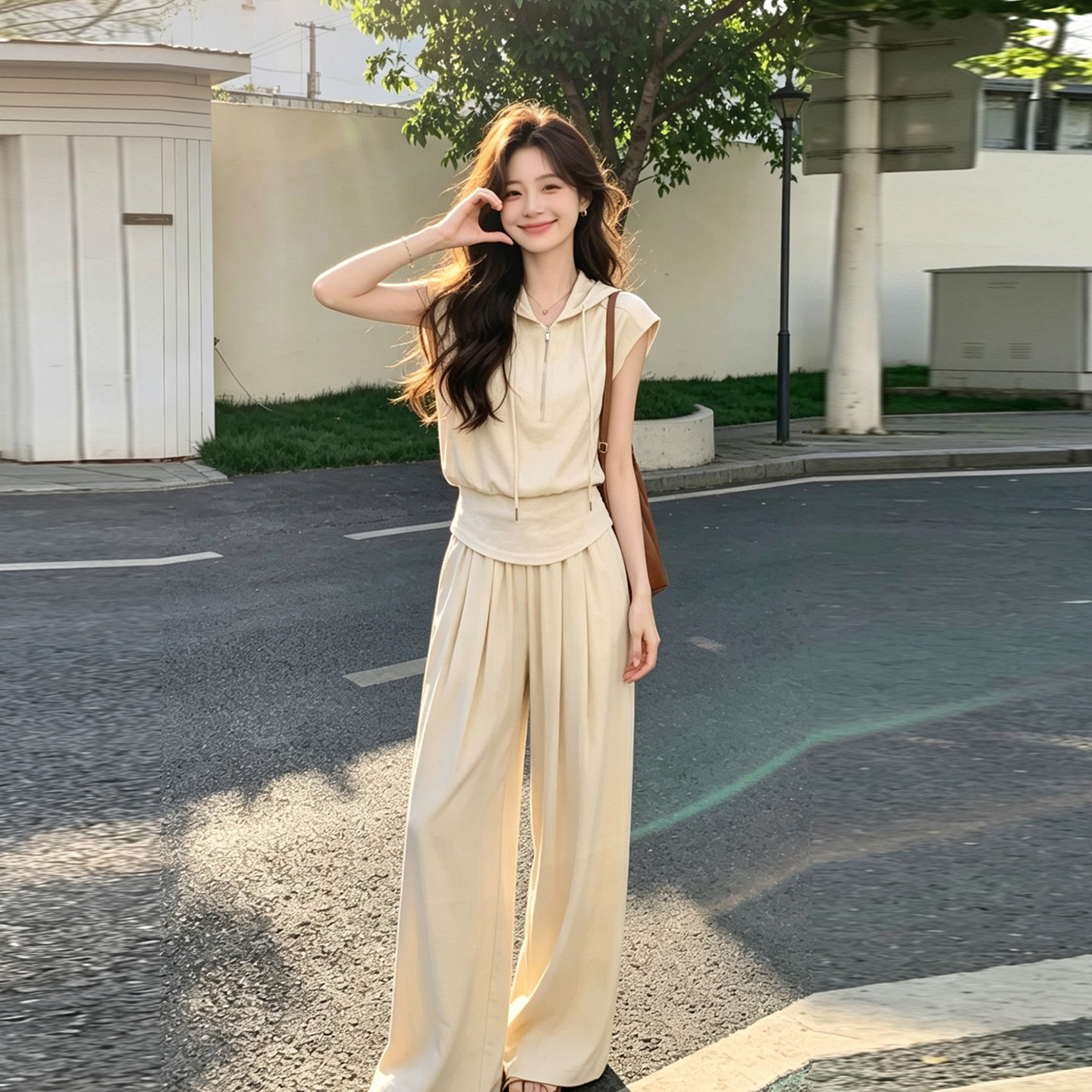 夏季女装短袖连帽阔腿裤两件套