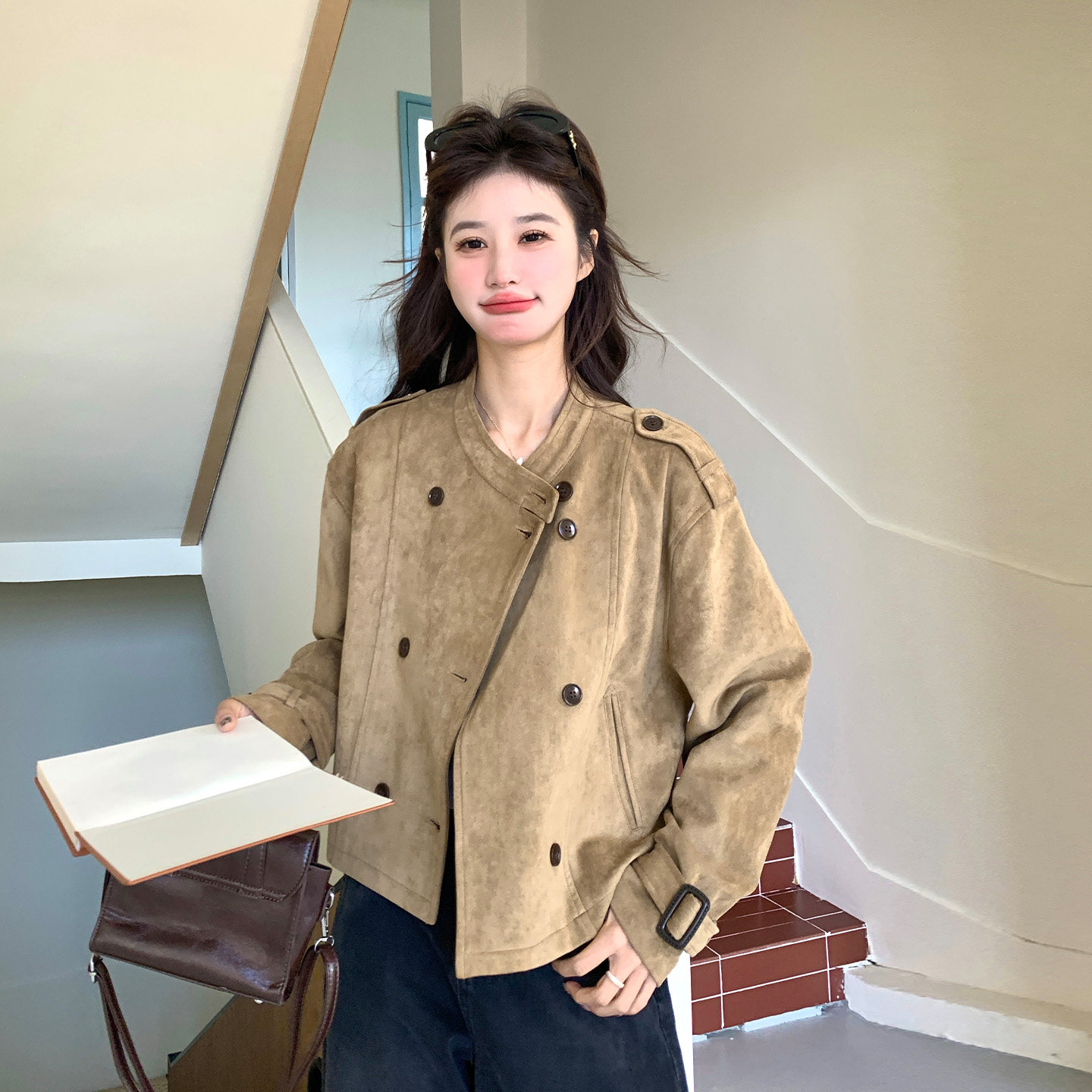 麂皮绒双排扣复古韩系短外套女