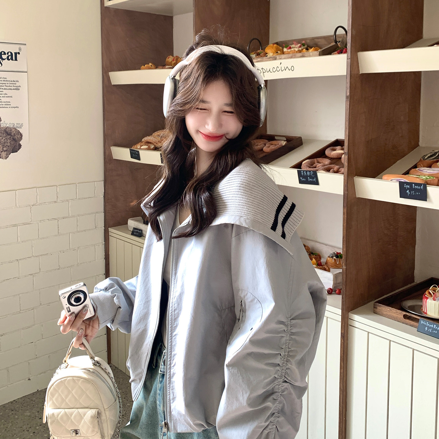 蓝色韩版时尚针织大翻领外套女2026开春新款小个子休闲设计感上衣