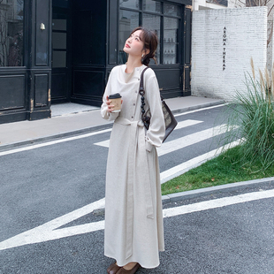 米色法式系带收腰长袖连衣裙女2026春季新款高级感气质显瘦a字裙