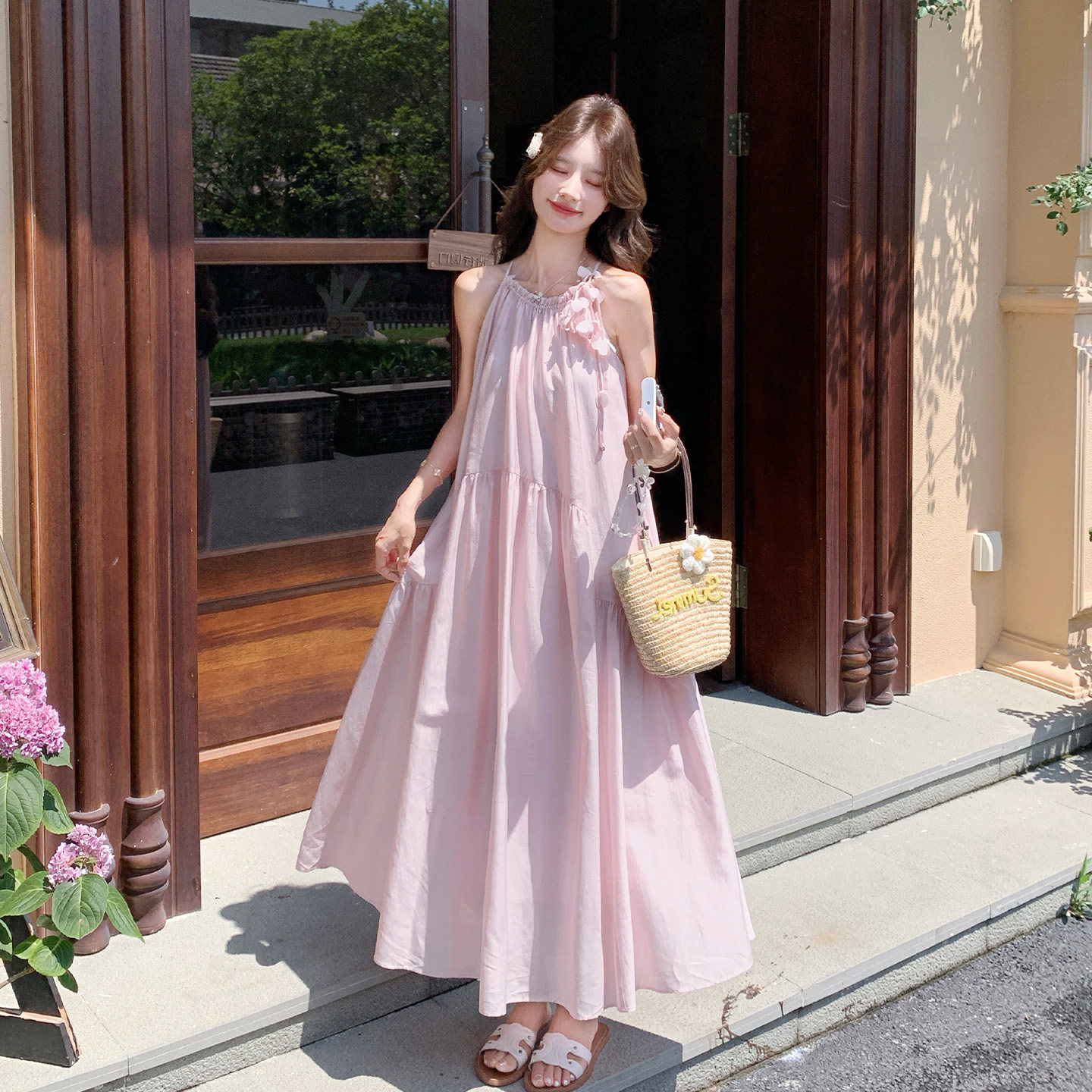 挂脖连衣裙色立体花朵仙女长裙