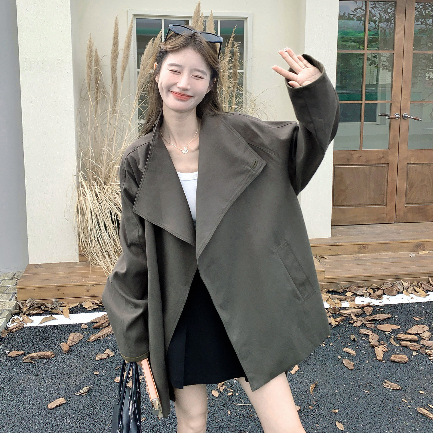 韩版宽松风衣女中长款翻领