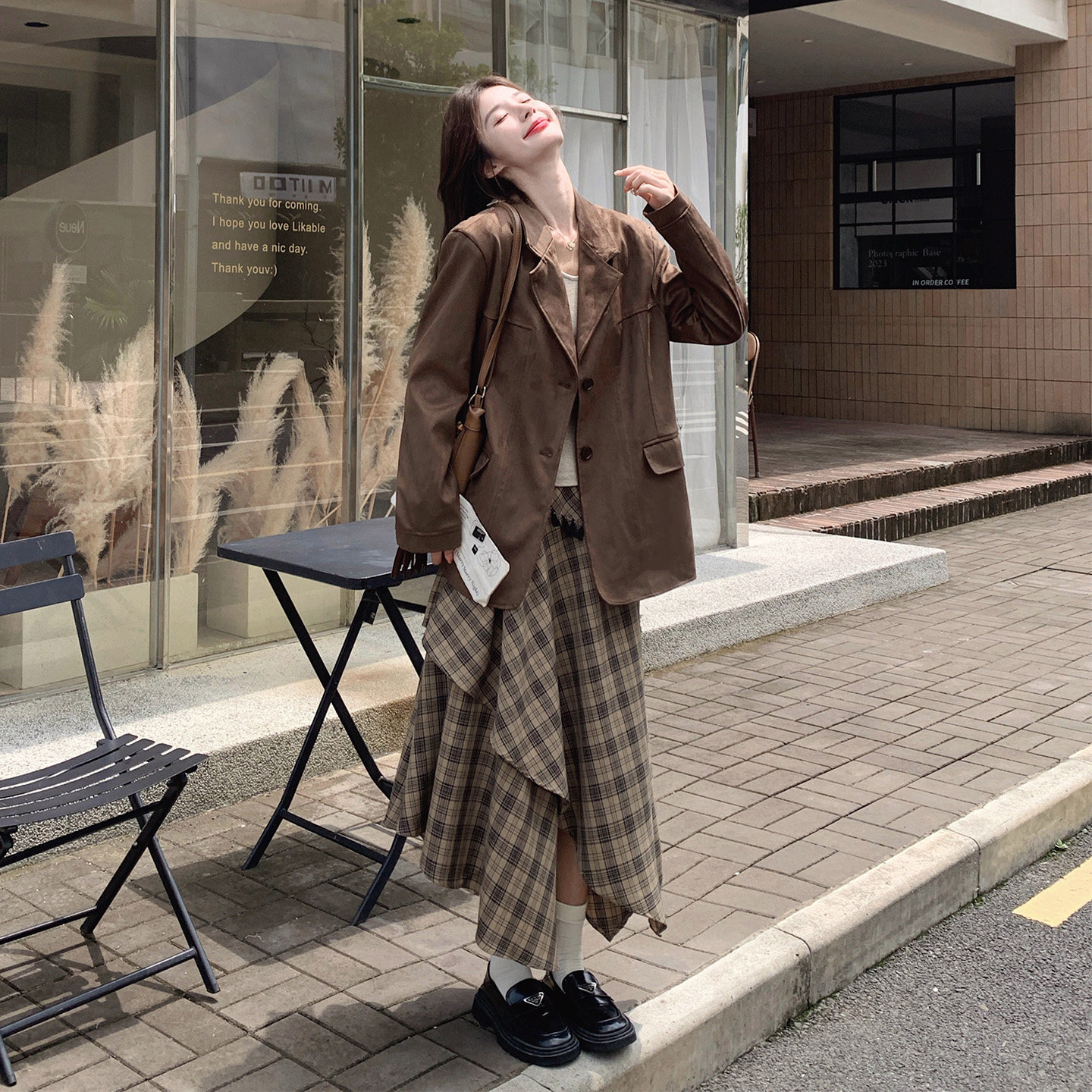 秋季复古格子西装外套半裙两件套