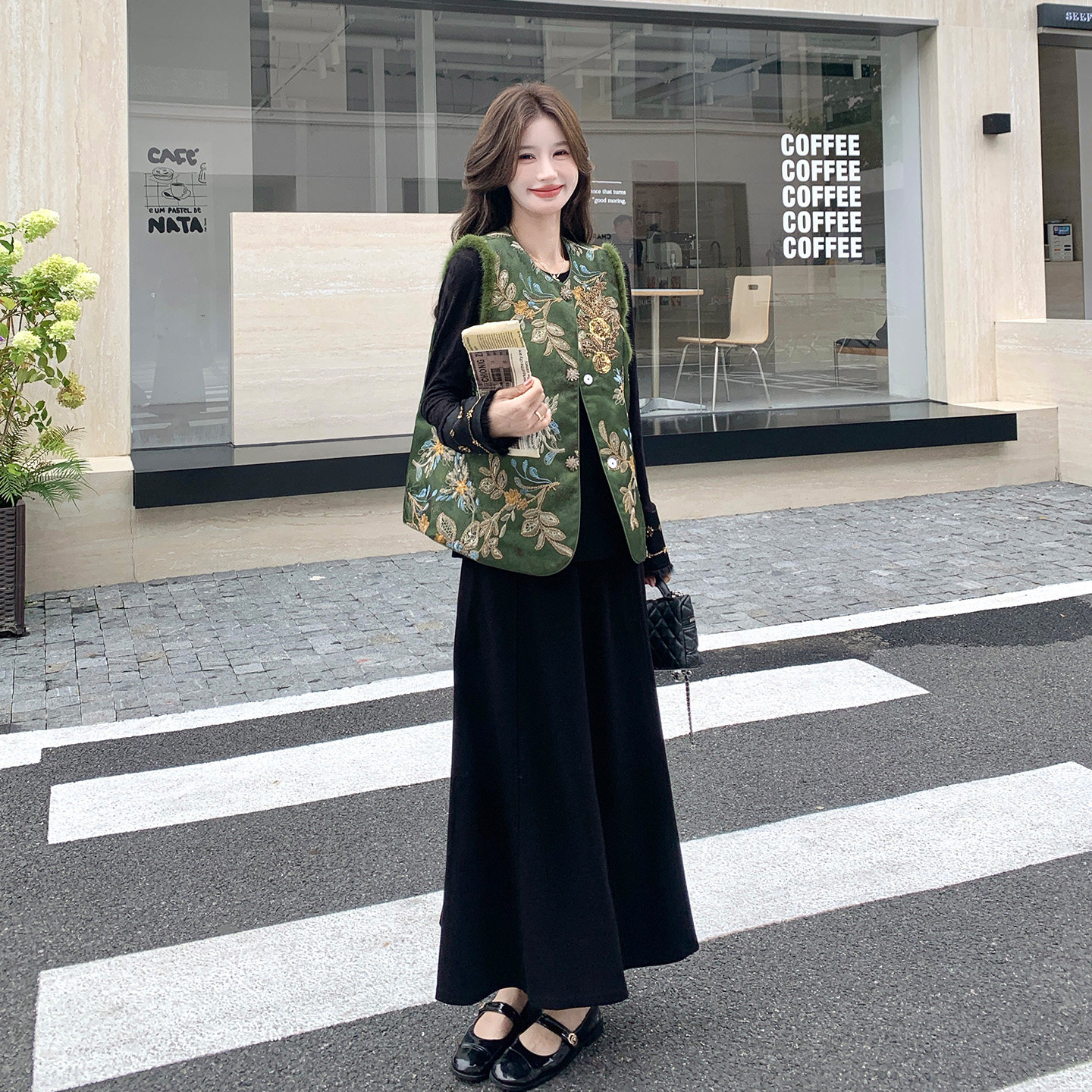 新中式印花马甲女春秋高级三件套