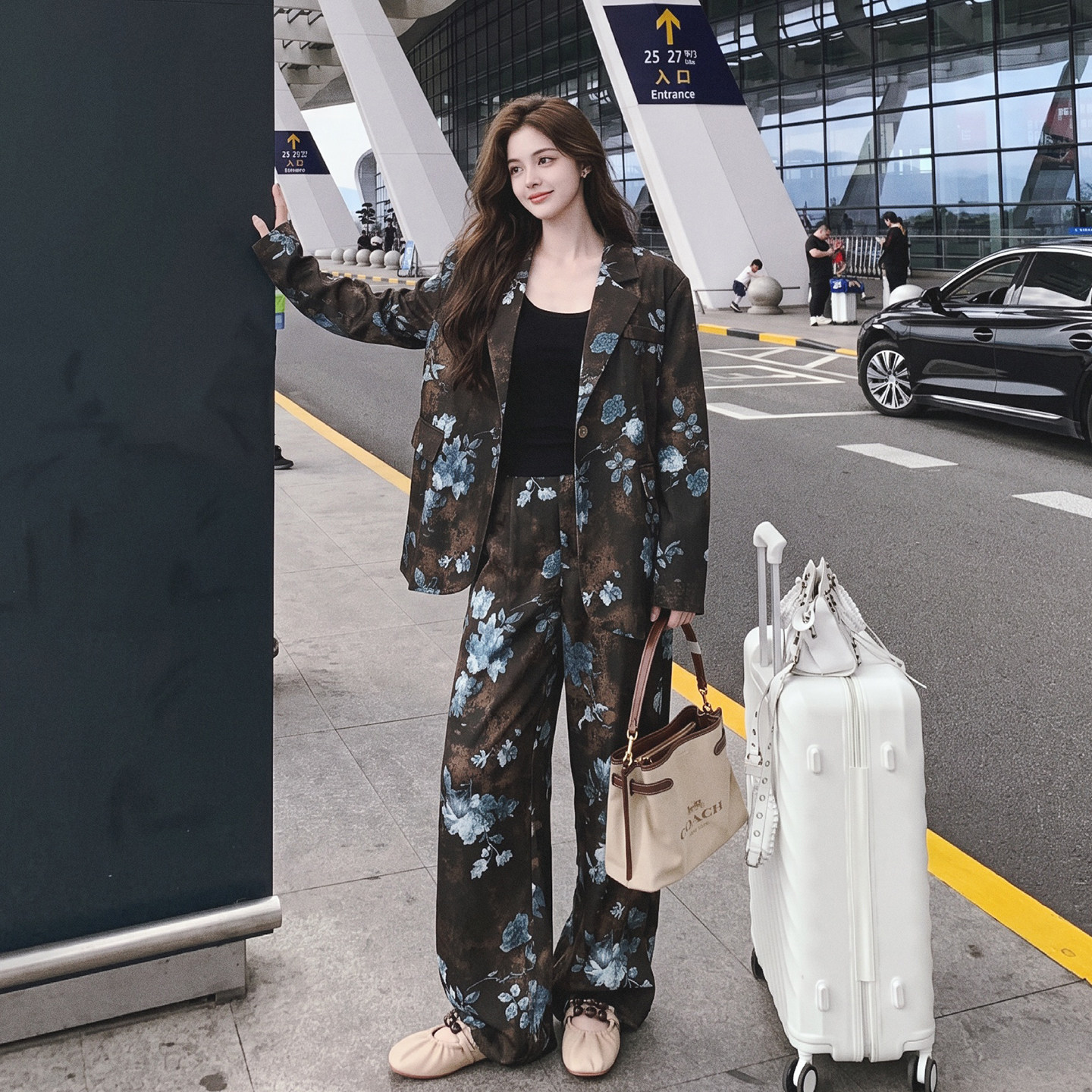 独特盐系复古印花套装女2026早秋新款法式高级感西装阔腿裤两件套