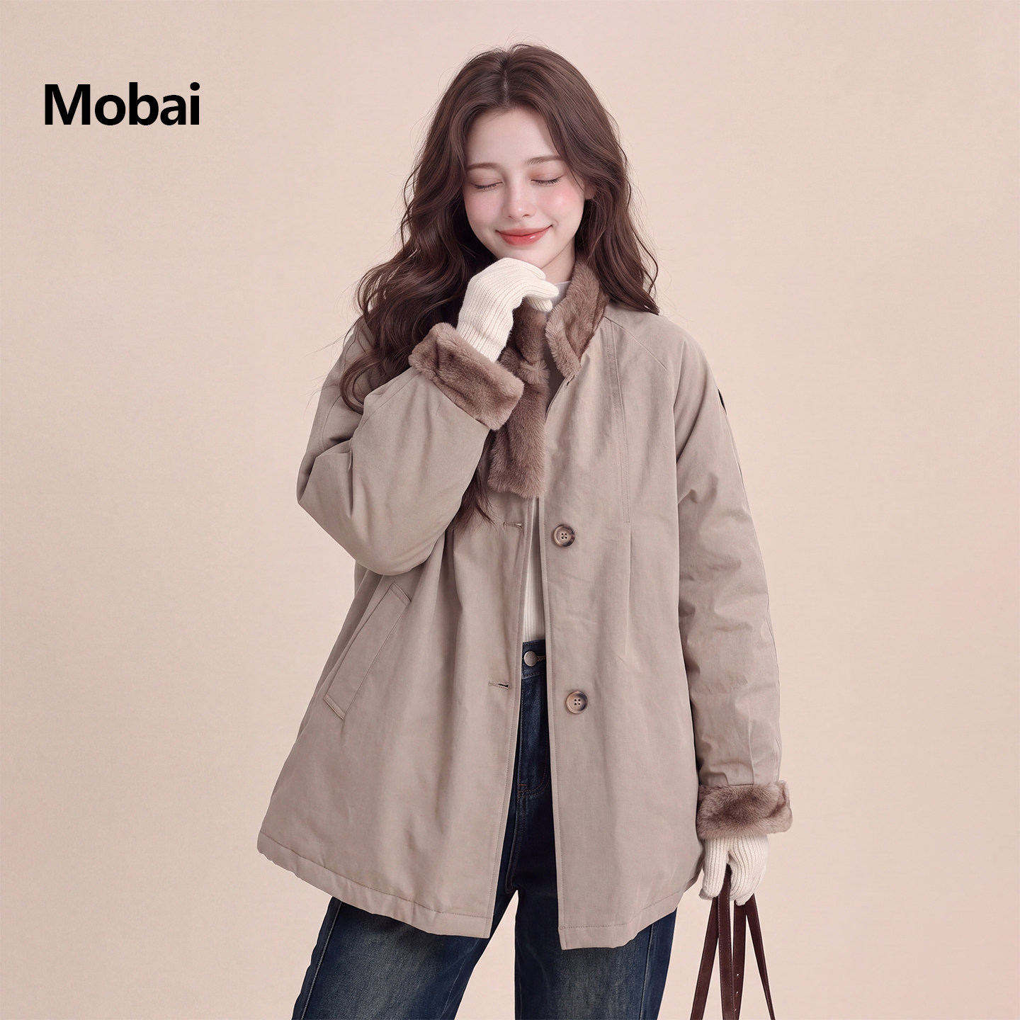 卡其撞色毛绒拼接工装羽绒服女