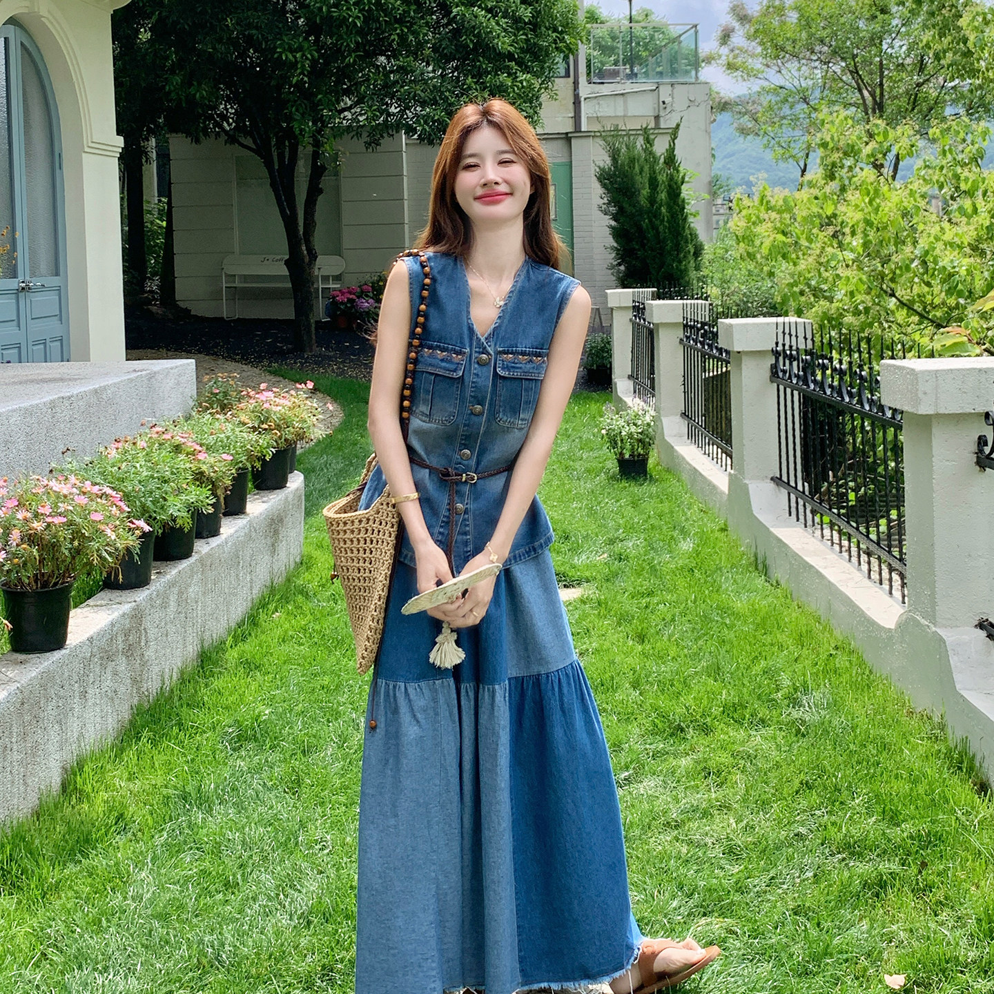 美式复古牛仔两件套女夏季V领