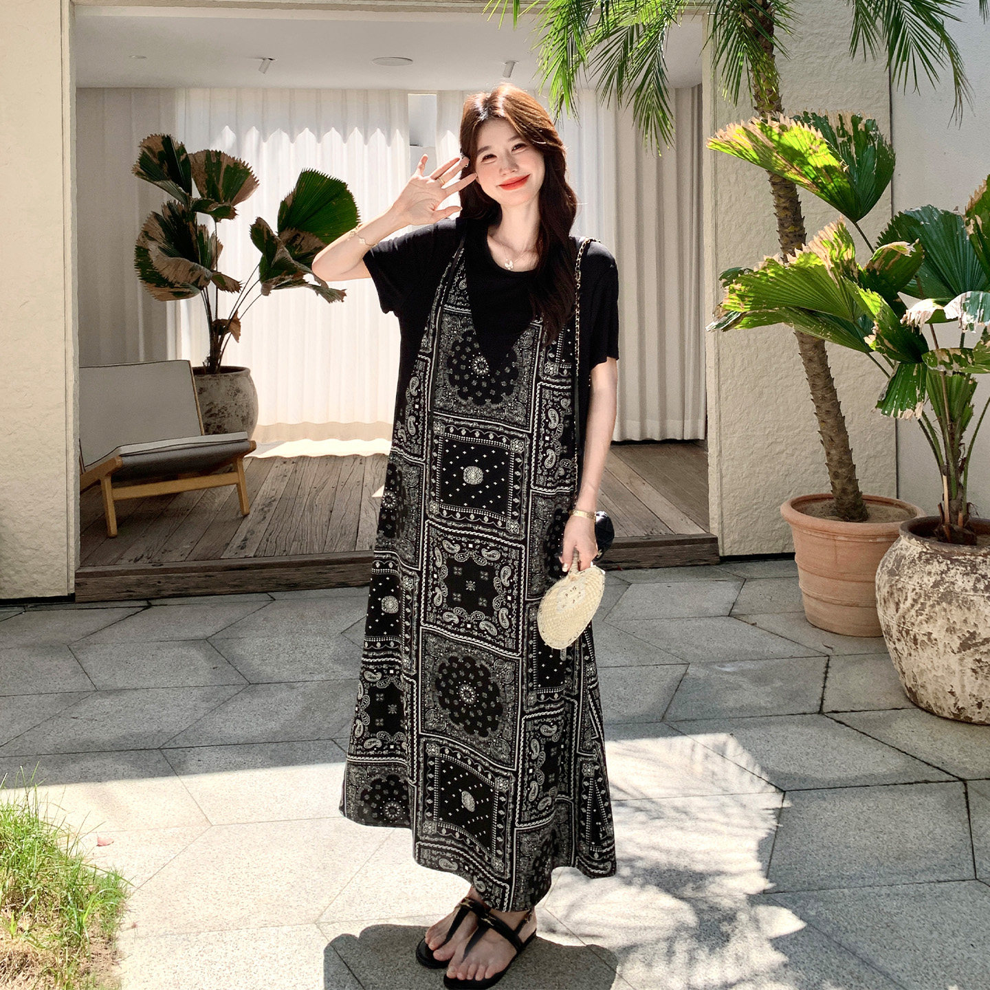 假两件拼接印花连衣裙女夏显瘦