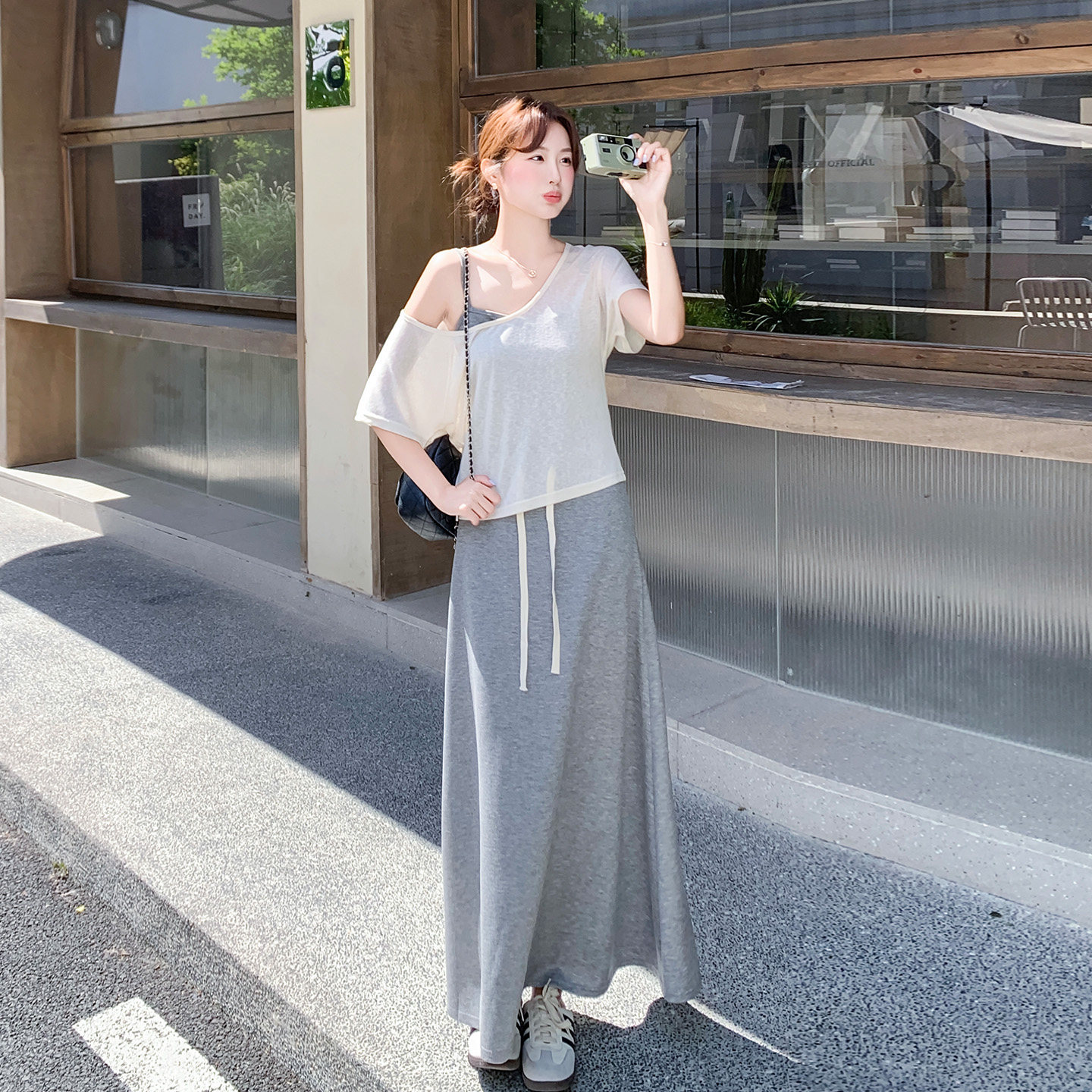 夏季斜肩上衣吊带半身裙三件套