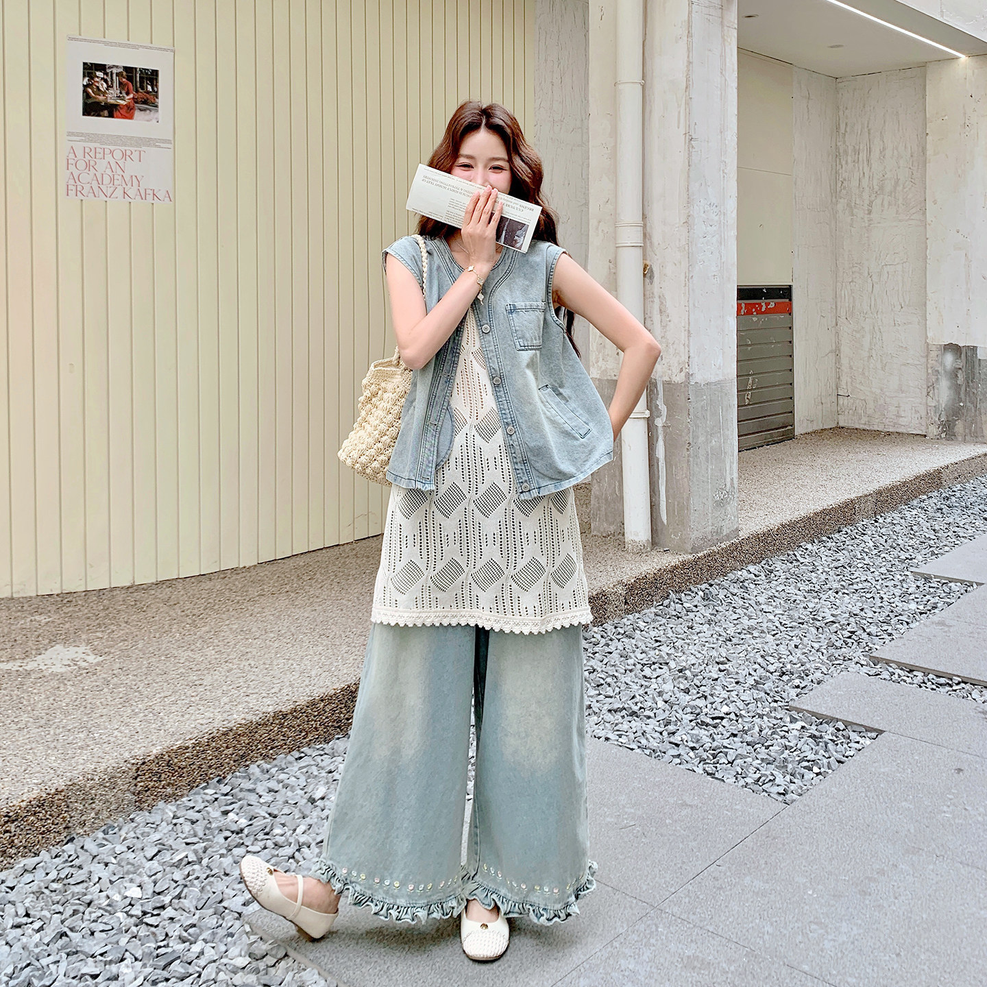 夏日小众高级感牛仔马甲套装女2026新款流苏内搭罩衫阔腿裤三件套