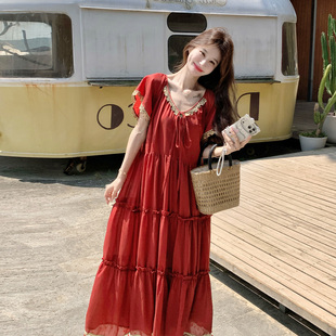 A43 法式 红色连衣裙女泡泡袖 荷叶边蛋糕裙长裙高级感度 248