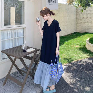 法式 撞色花边拼接气质长裙 简单大方高级感V领连衣裙女2026夏新款