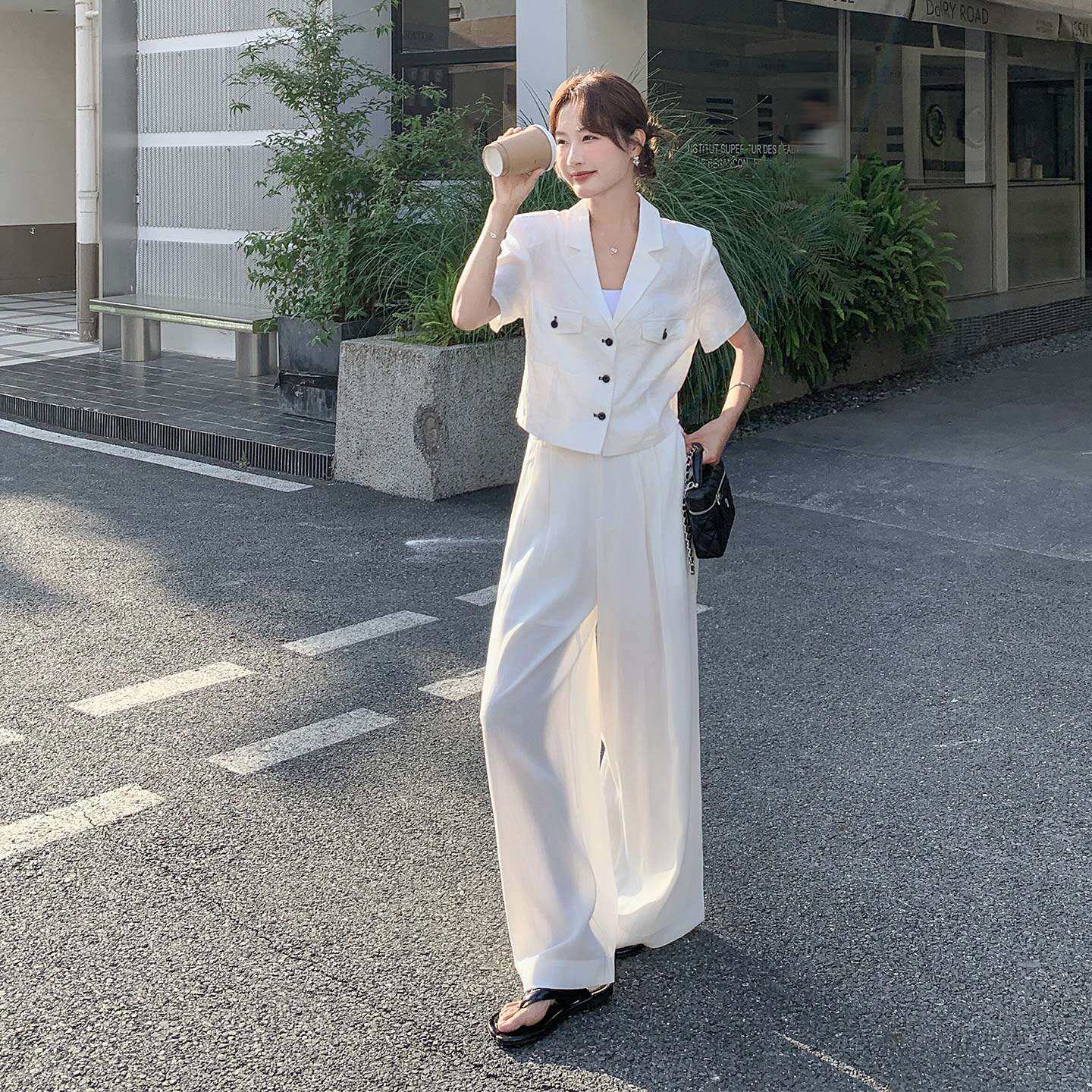 韩版时尚休闲通勤风职场套装女2026新款夏日短袖西装阔腿裤两件套
