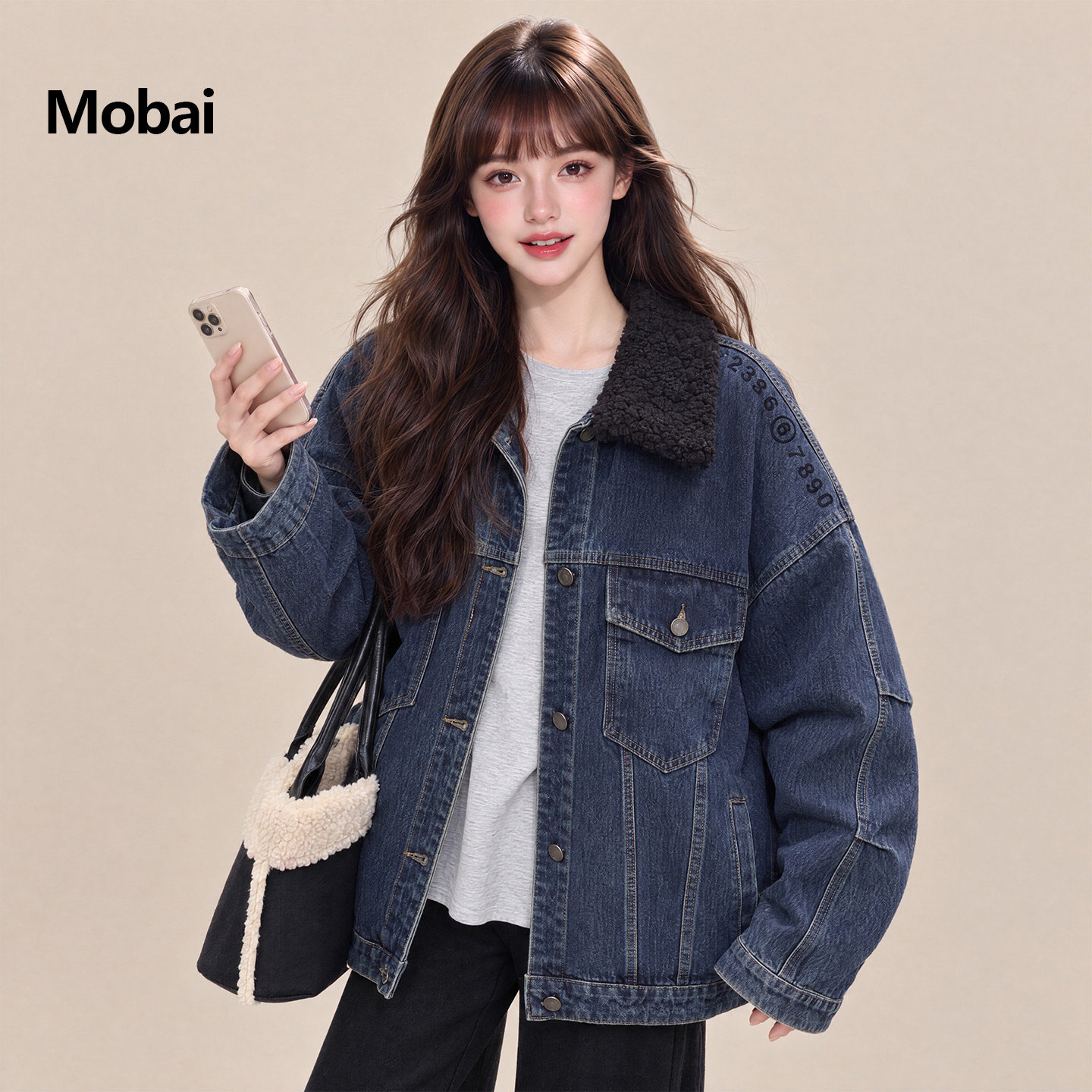 Mobai 复古羊羔毛翻领牛仔羽绒服女2026冬季新款休闲时尚宽松外套
