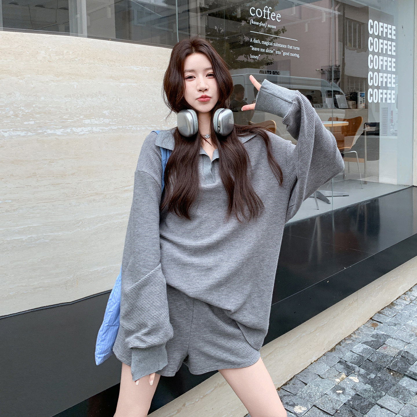 春秋女条纹卫衣短裤两件套