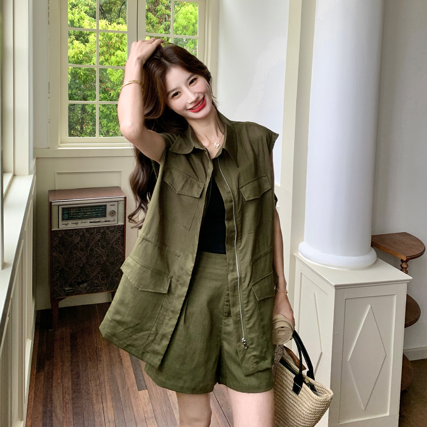 夏季韩版休闲工装风小个子套装女2026新款收腰无袖上衣短裤两件套